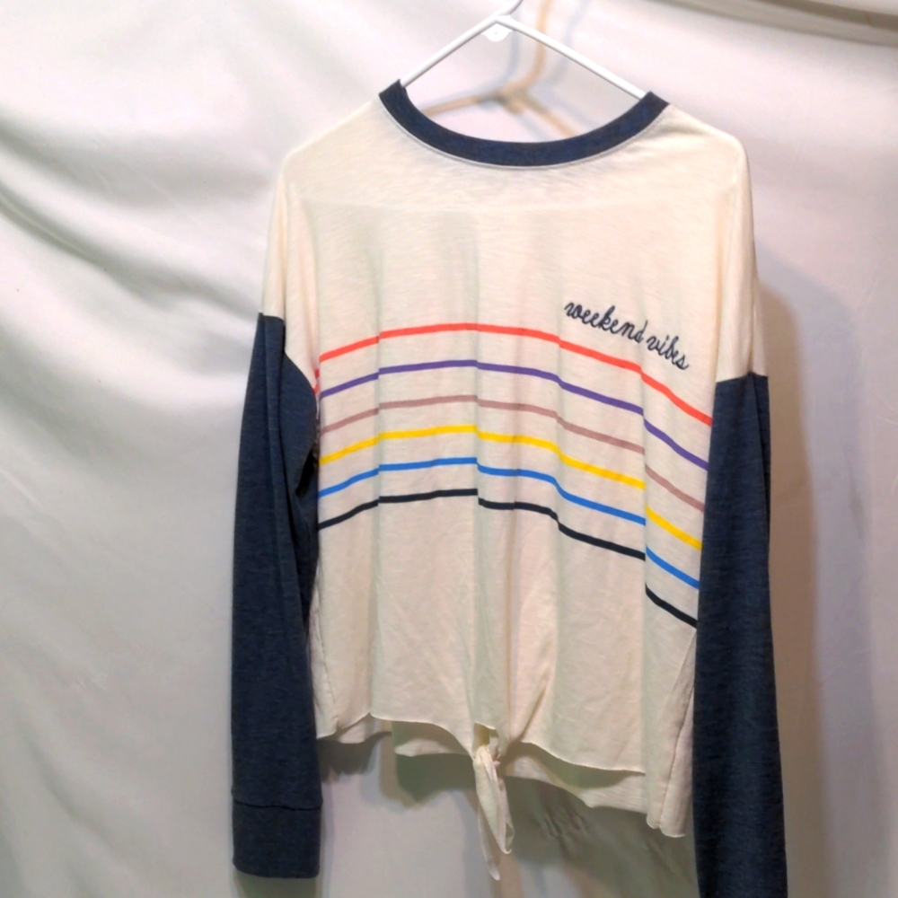 NWT The Lounge Life weekend vibes long sleeve T-shirt white with stripes size L